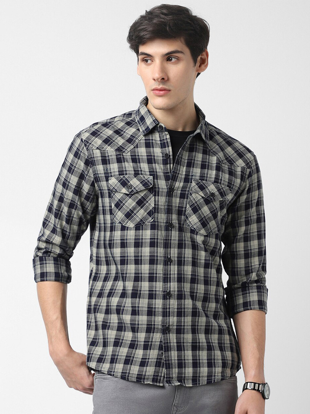 

VASTRADO Tartan Checked Cotton Casual Shacket, Black