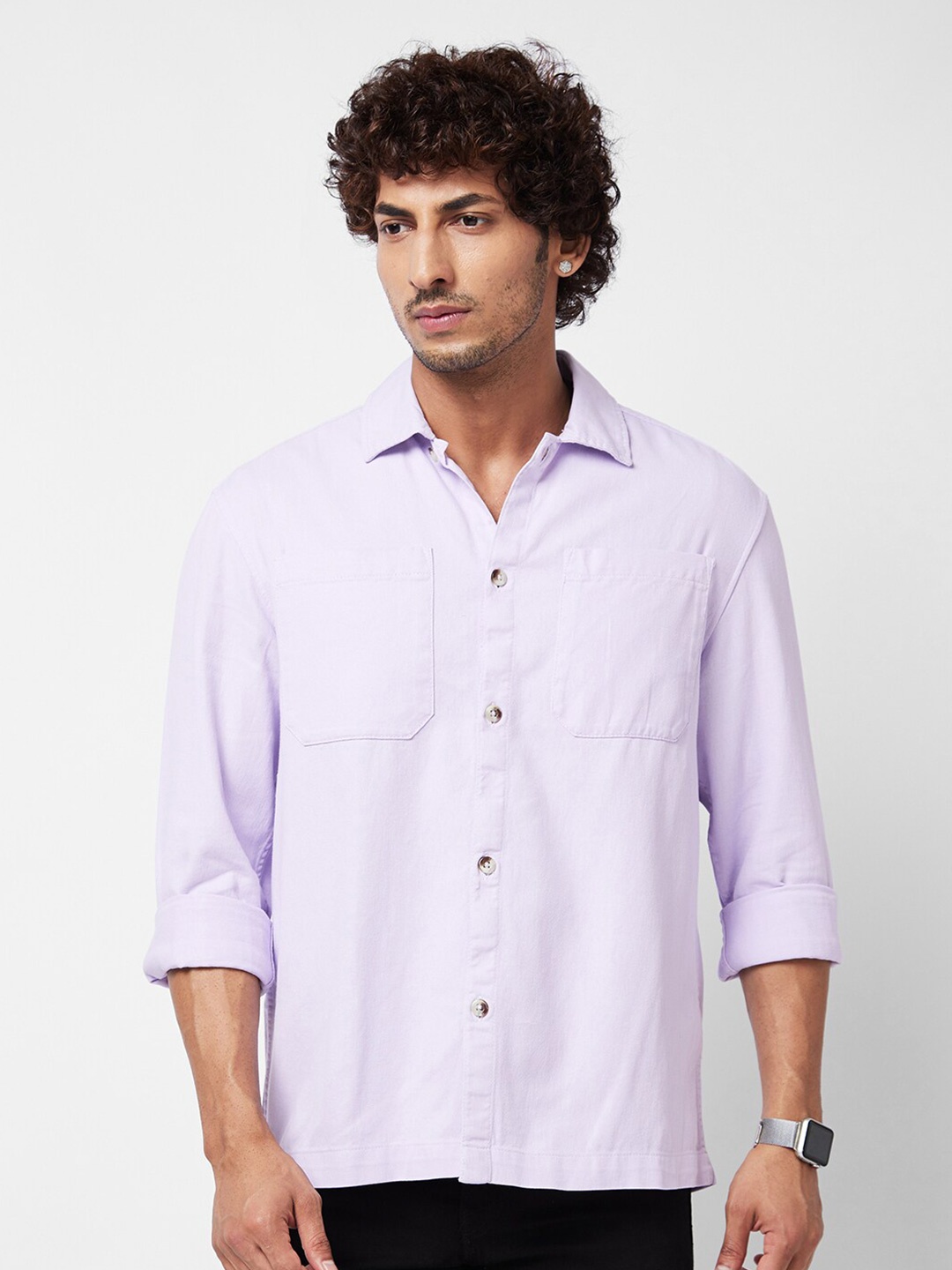 

VASTRADO Spread Collar Opaque Cotton Casual Shacket, Lavender