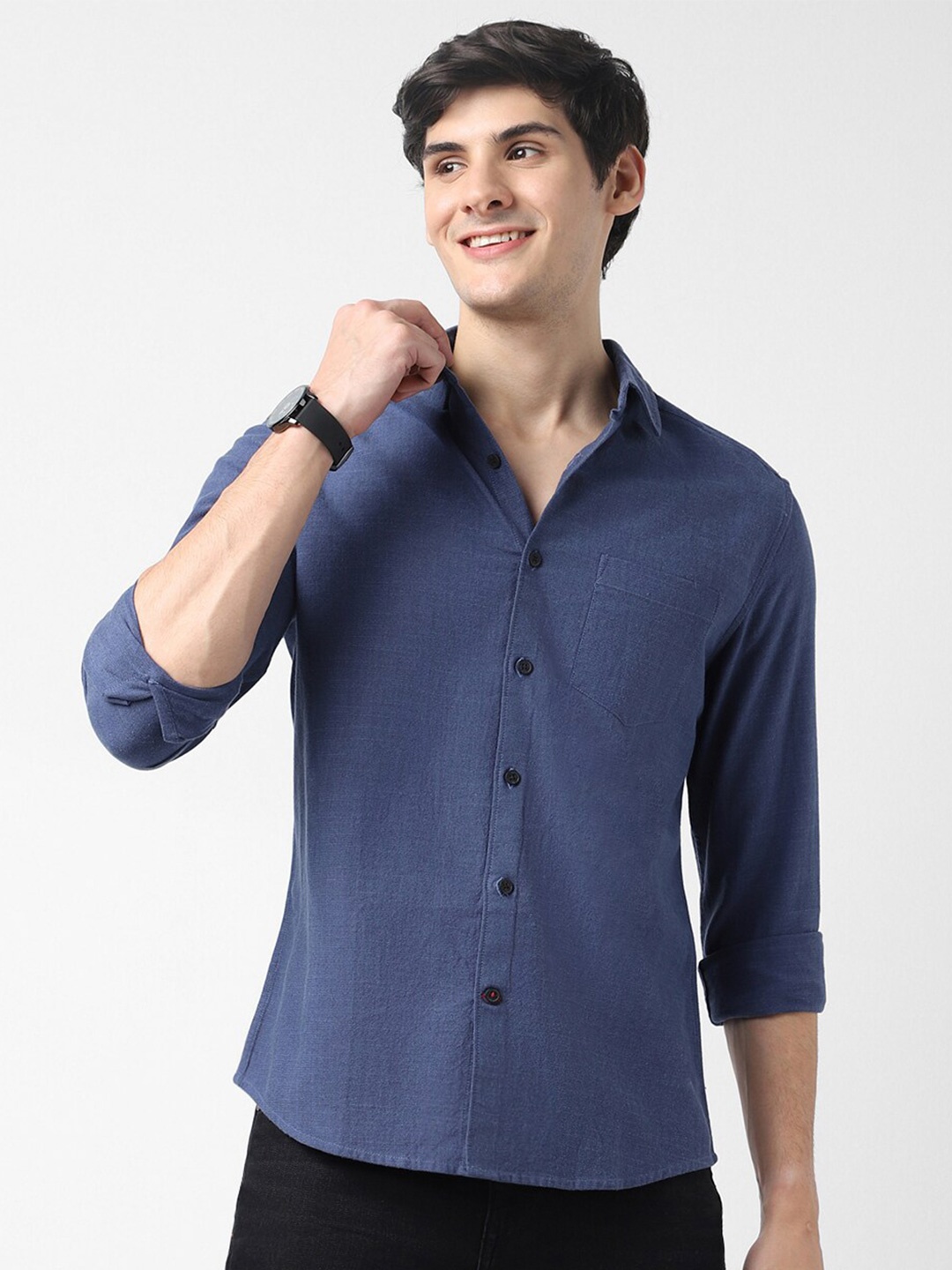 

VASTRADO Spread Collar Cotton Casual Shirt, Navy blue