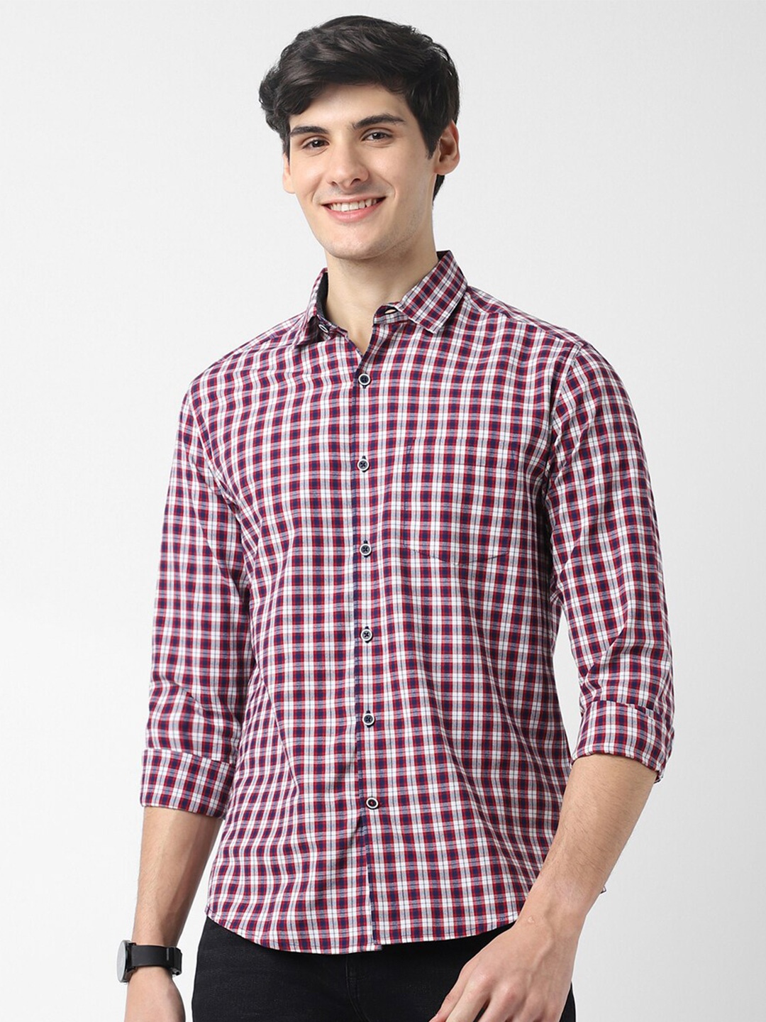 

VASTRADO Gingham Checked Cotton Casual Shirt, Maroon