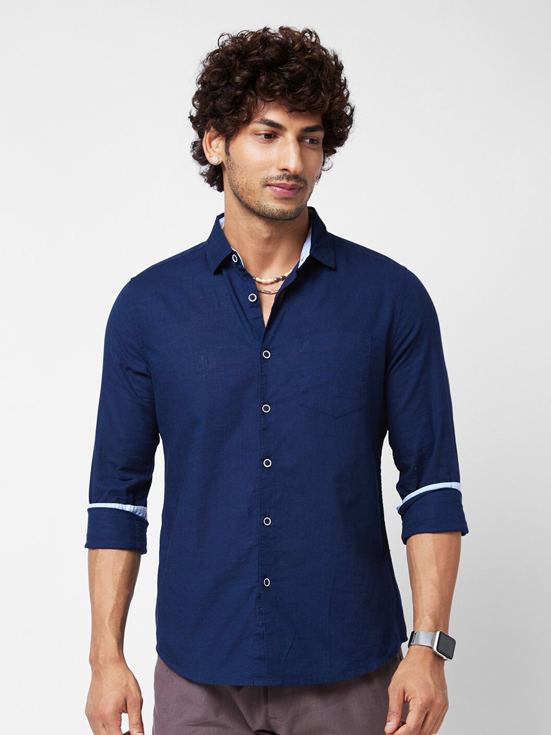 

VASTRADO Spread Collar Cotton Casual Shirt, Navy blue