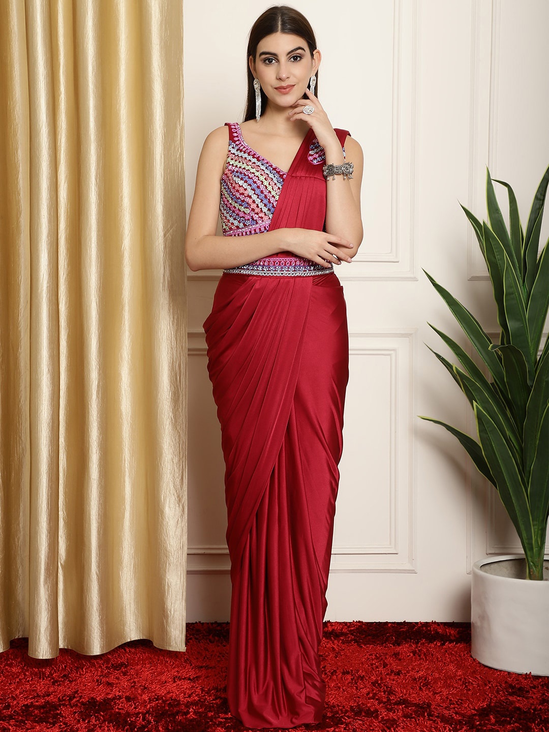 

Mitera Maroon Ready to Wear Leheriya Saree