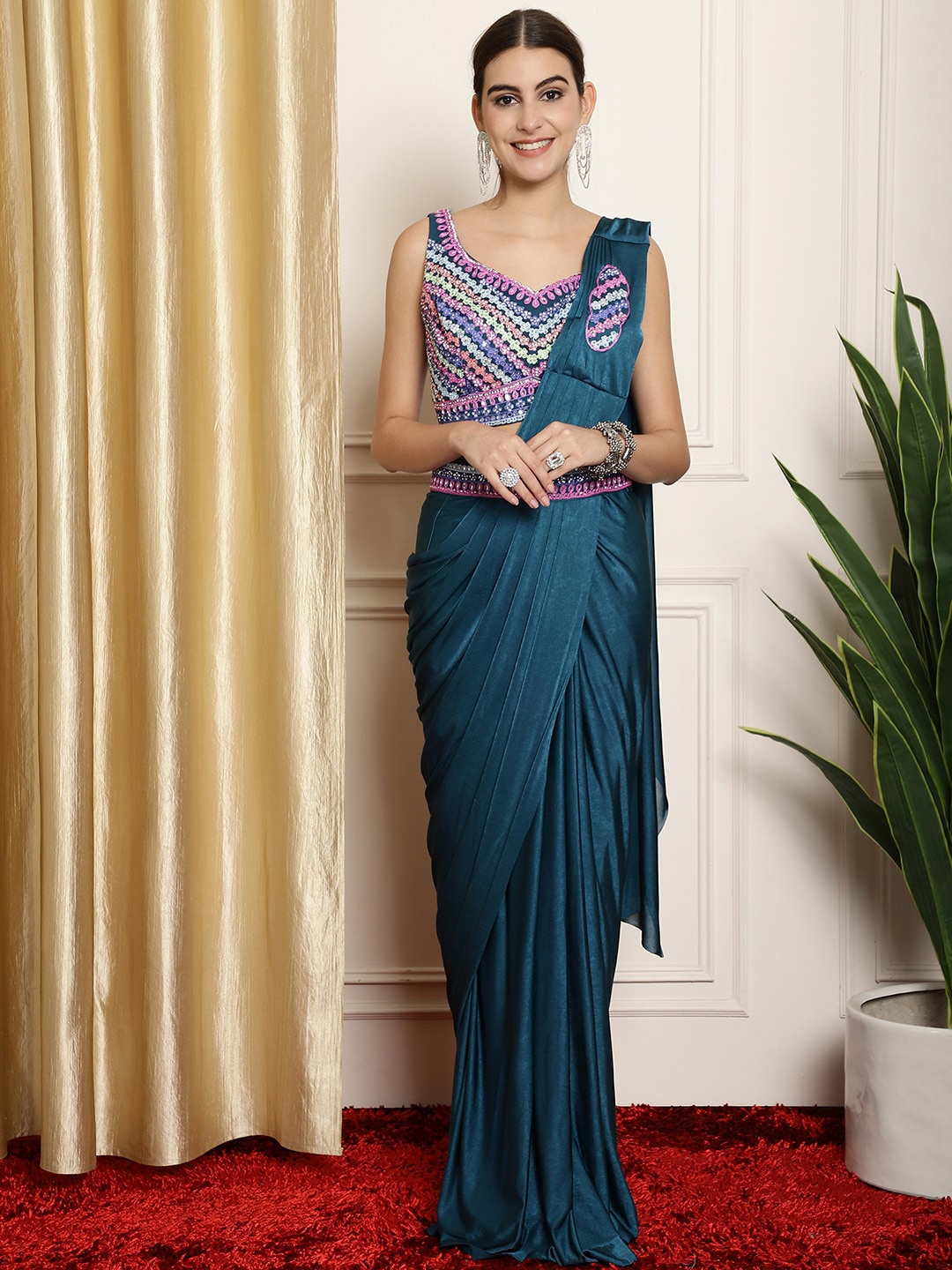 

Mitera Blue & Pink Embroidered Ready to Wear Leheriya Saree