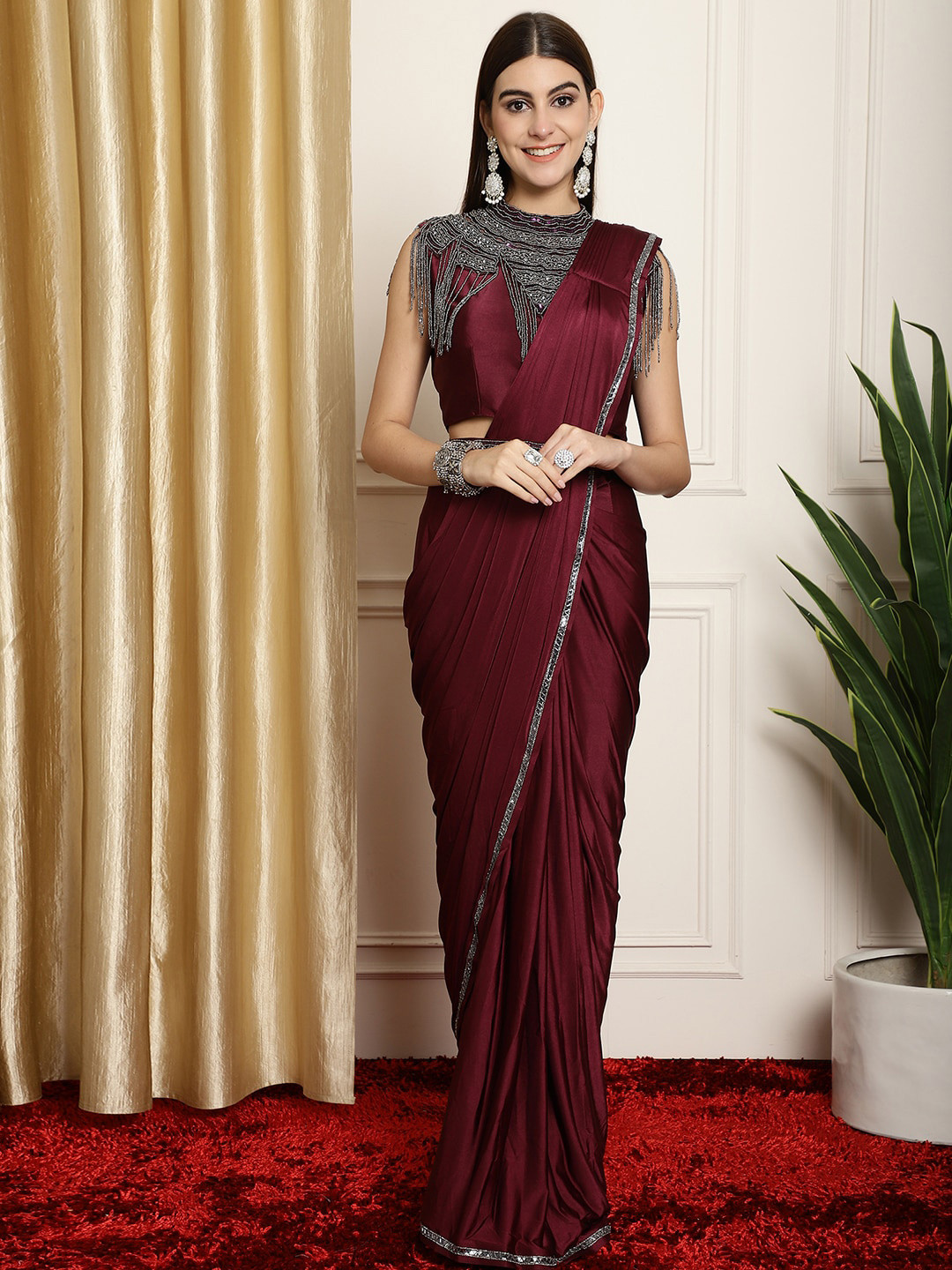 

Mitera Burgundy Ready to Wear Saree