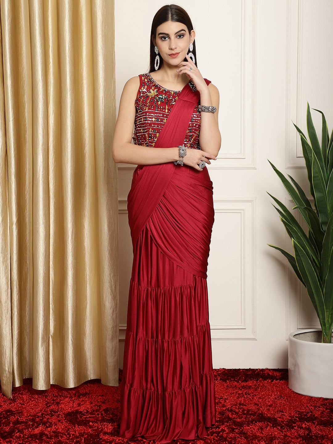 

Mitera Maroon Embroidered Ready to Wear Leheriya Saree
