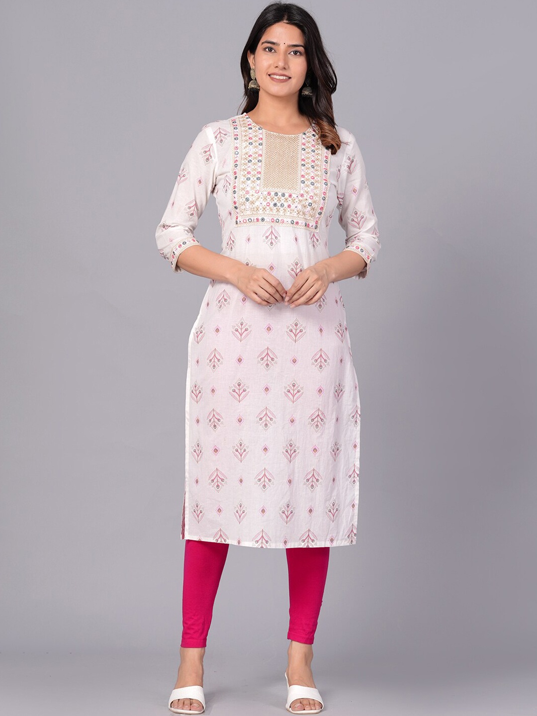 

KALINI Ethnic Motifs Printed Mirror Work Cotton Straight Kurta, White