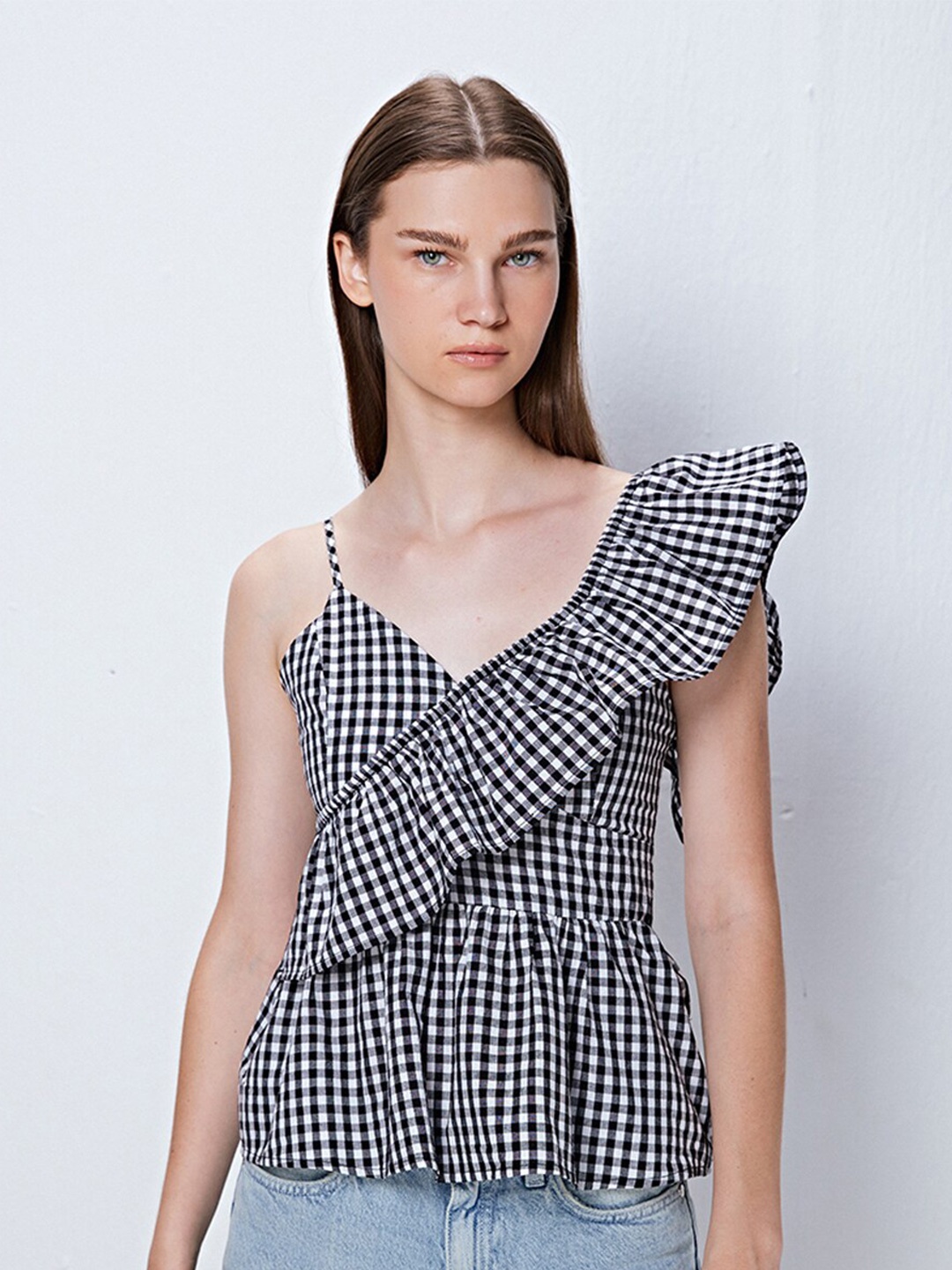 

COVER STORY Black Checked Shoulder Straps Ruffled Cotton Regular Top