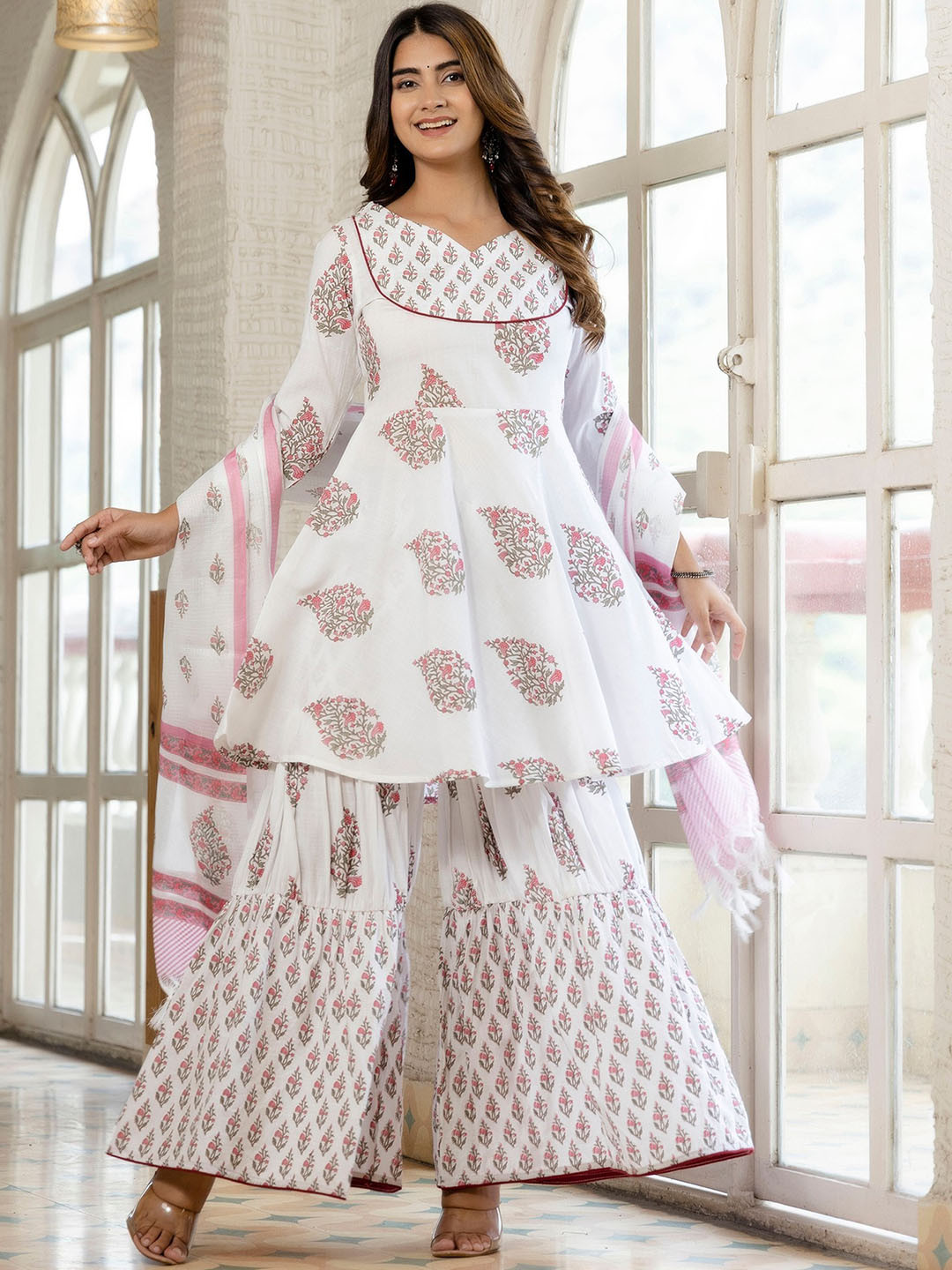 

KALINI Ethnic Motifs Printed V-Neck Regular Kurta With Sharara & Dupatta, White