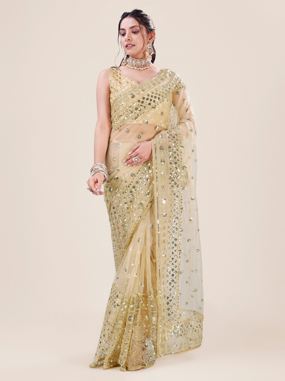 

Angroop Embellished Sequinned Net Saree, Gold
