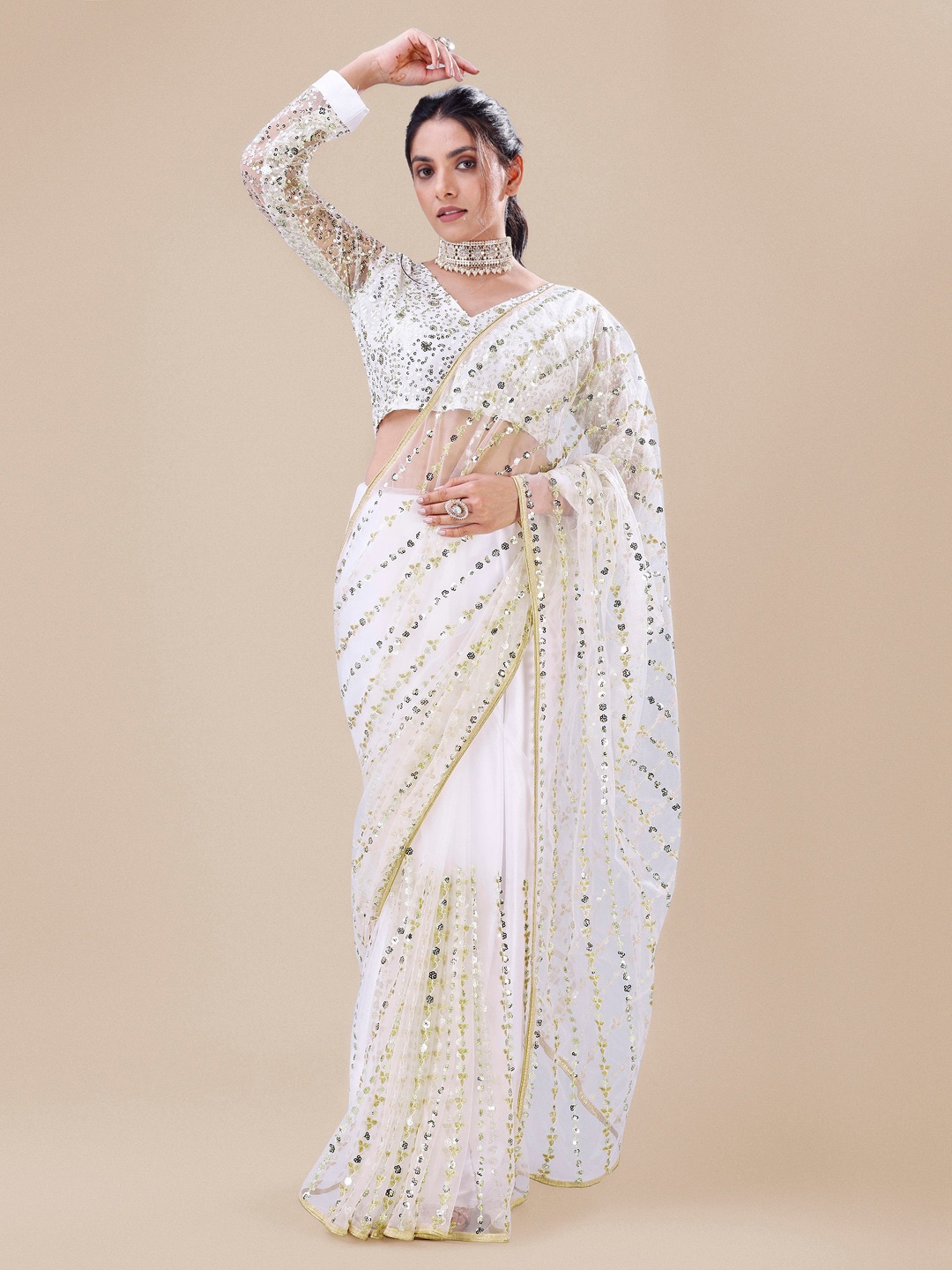

Angroop Embellished Sequinned Net Saree, White