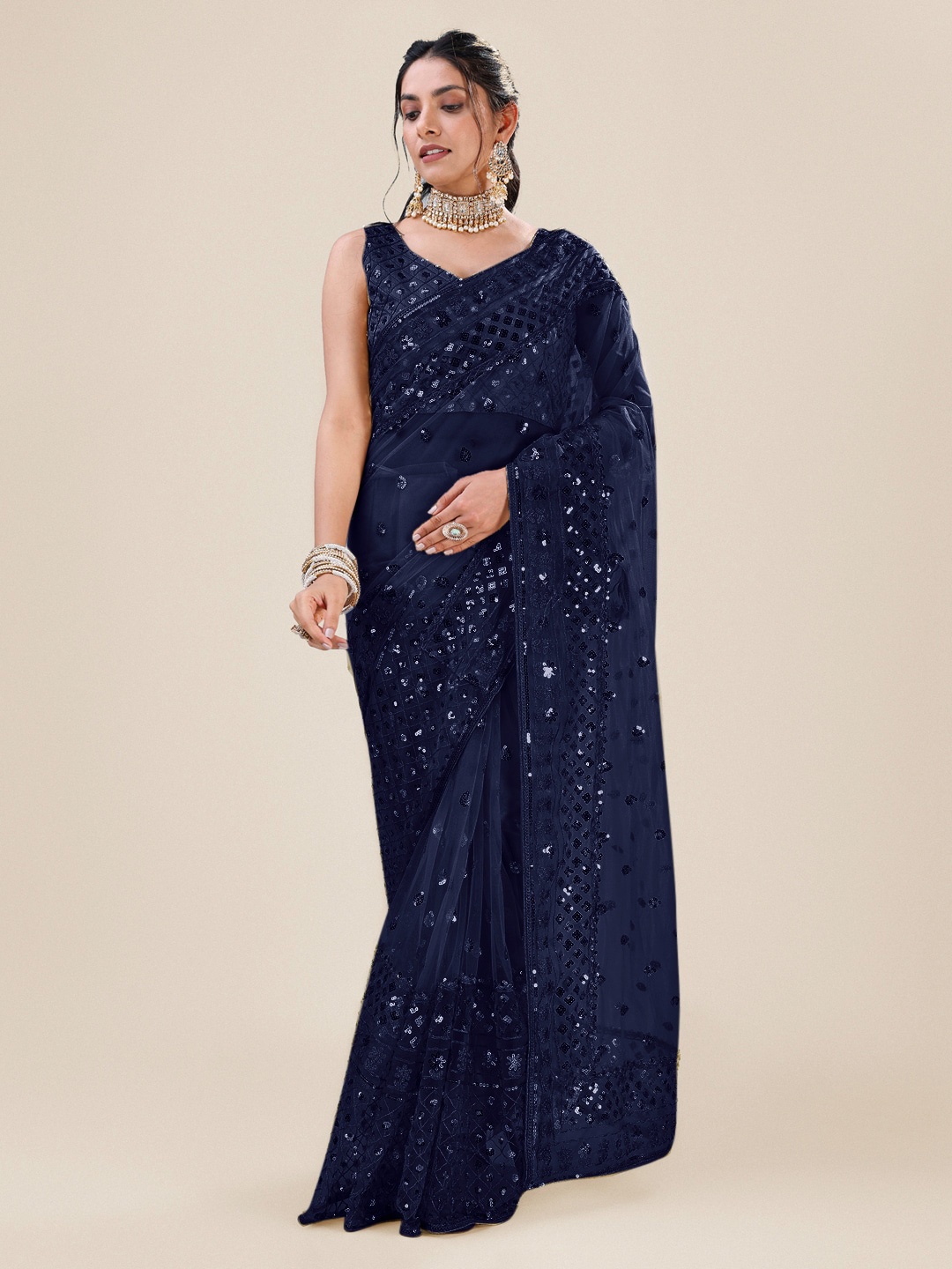 

Angroop Embellished Sequinned Net Saree, Navy blue