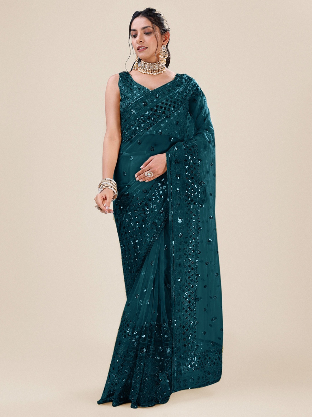 

Angroop Embellished Sequinned Net Saree, Teal