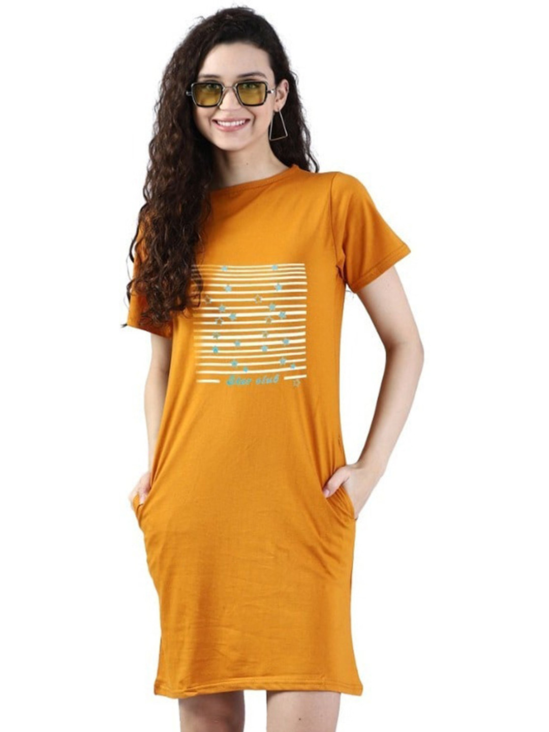 

BROADSTAR Graphic Printed Round Neck Pure Cotton T-Shirt Dress, Mustard