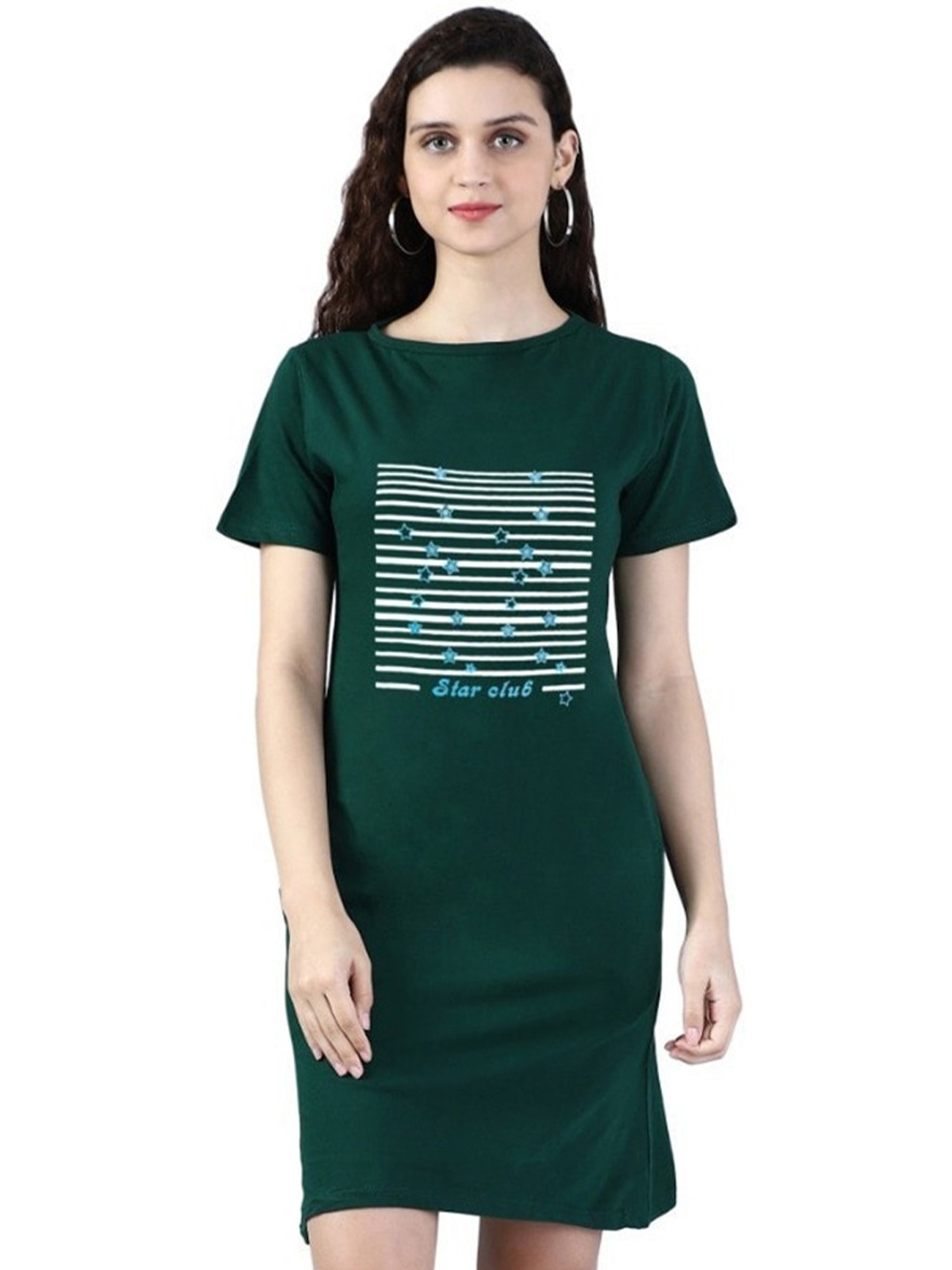 

BROADSTAR Geometric Printed Round Neck Pure Cotton T-shirt Dress, Green