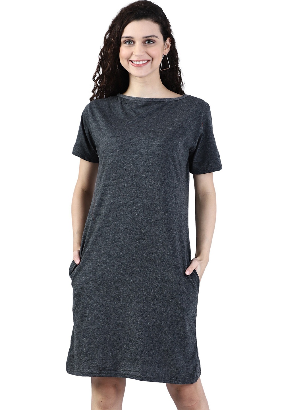 

BROADSTAR Round Neck Pure Cotton T-Shirt Dress, Grey