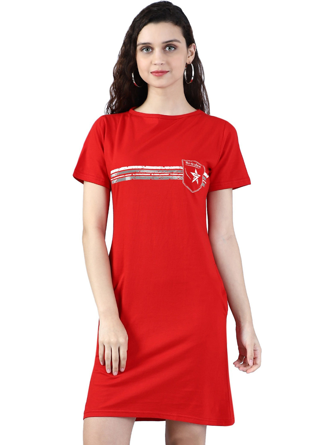 

BROADSTAR Round Neck Pure Cotton T-Shirt Dress, Red