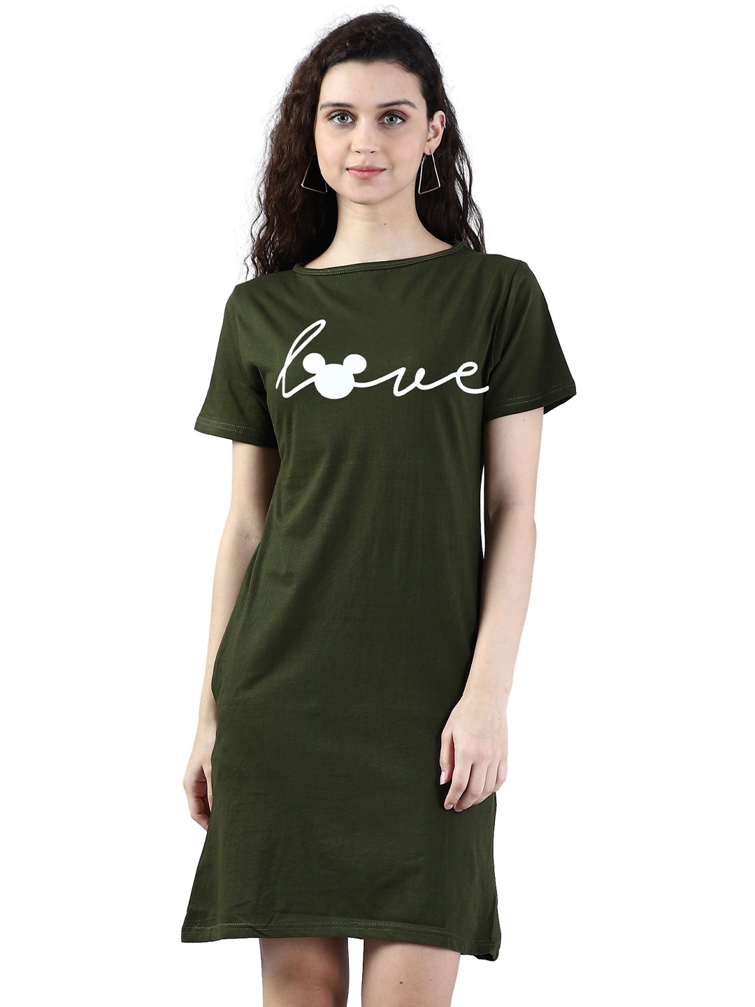 

BROADSTAR Typography Printed Pure Cotton T-shirt Above Knee Dress, Olive