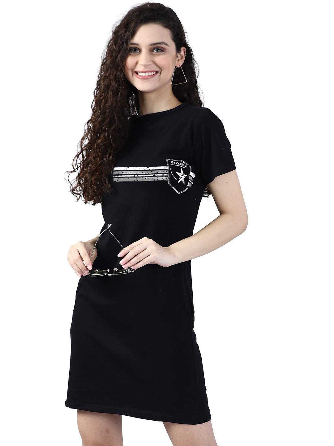 

BROADSTAR Graphic Printed Pure Cotton T-shirt Above Knee Dress, Black