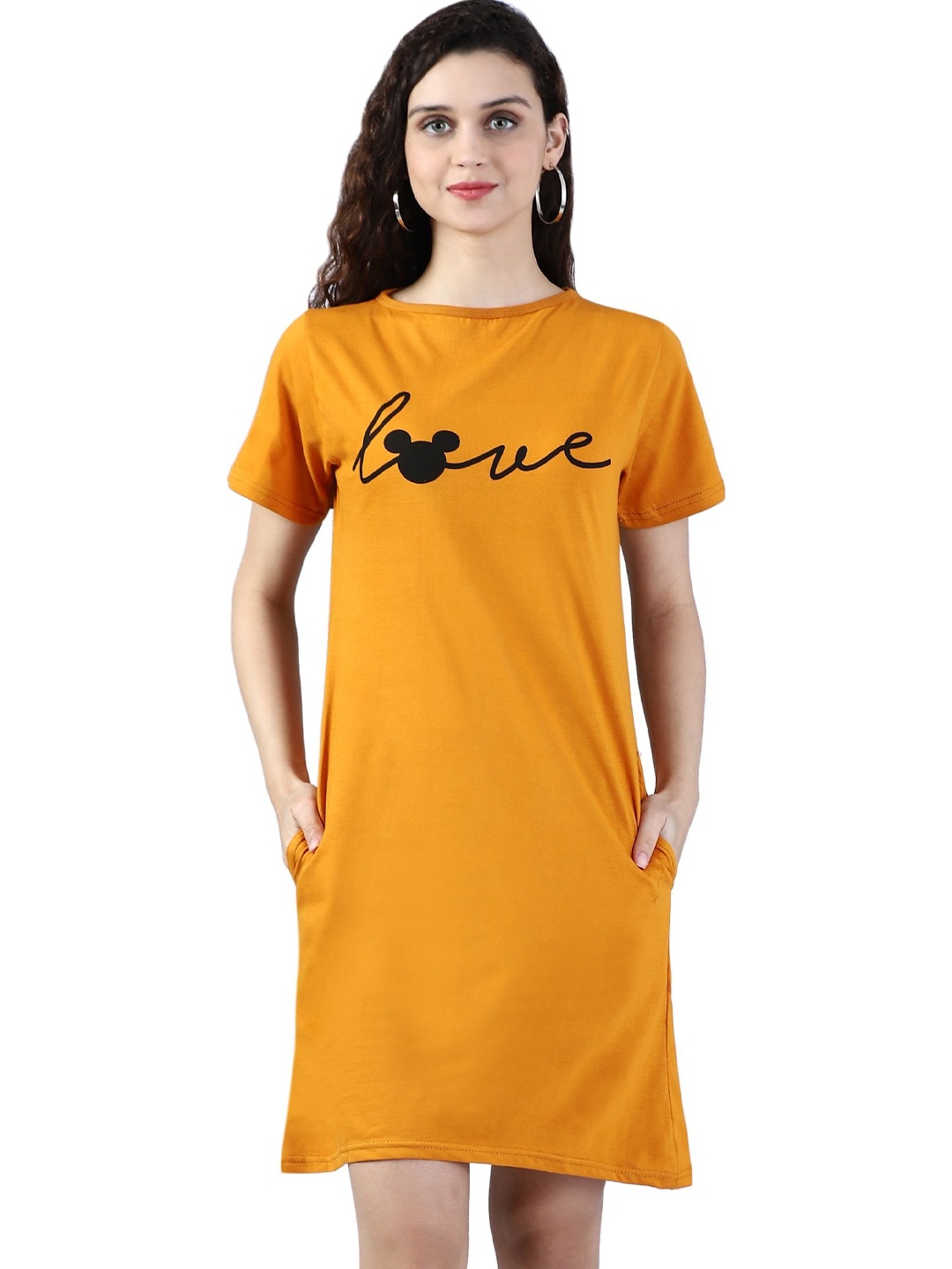 

BROADSTAR Typography Printed Pure Cotton T-shirt Above Knee Dress, Mustard