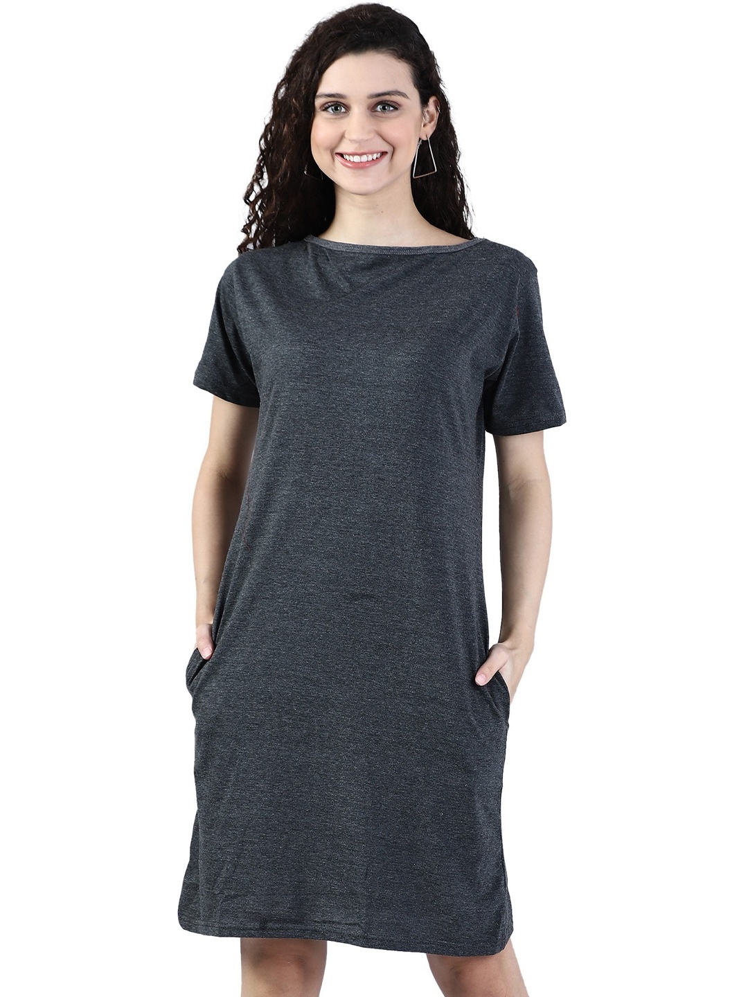 

Next One Women Grey V-Neck Pockets T-shirt
