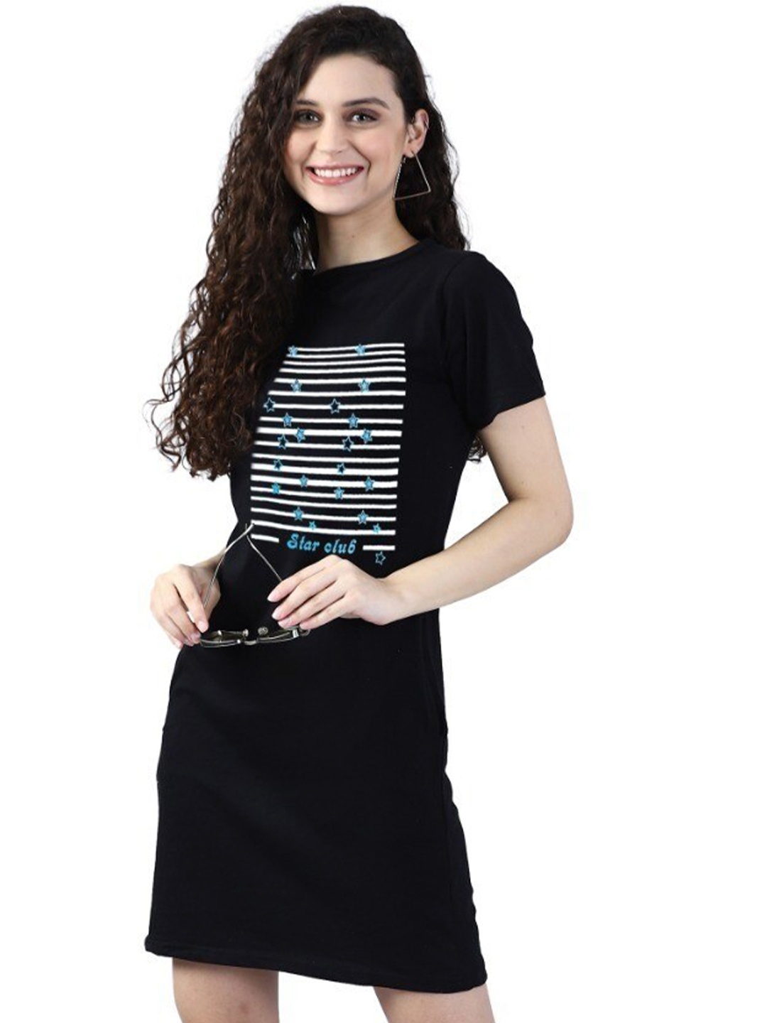 

Next One Women Black Henley Neck Extended Sleeves Pockets T-shirt