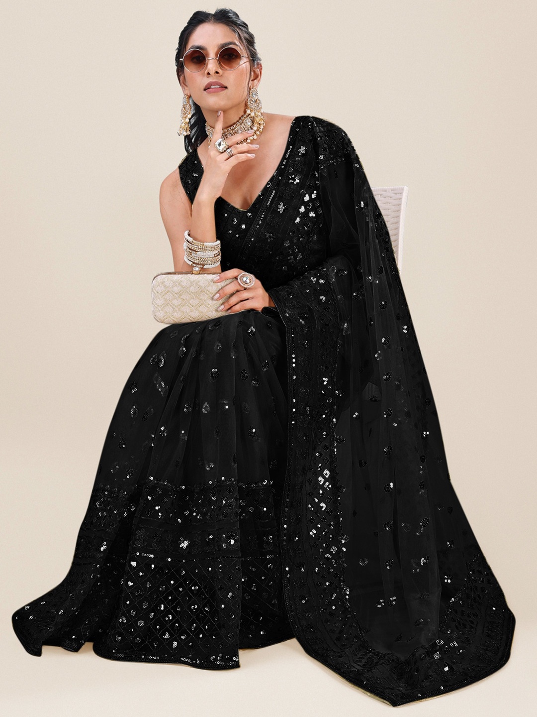 

Angroop Embellished Sequinned Net Saree, Black