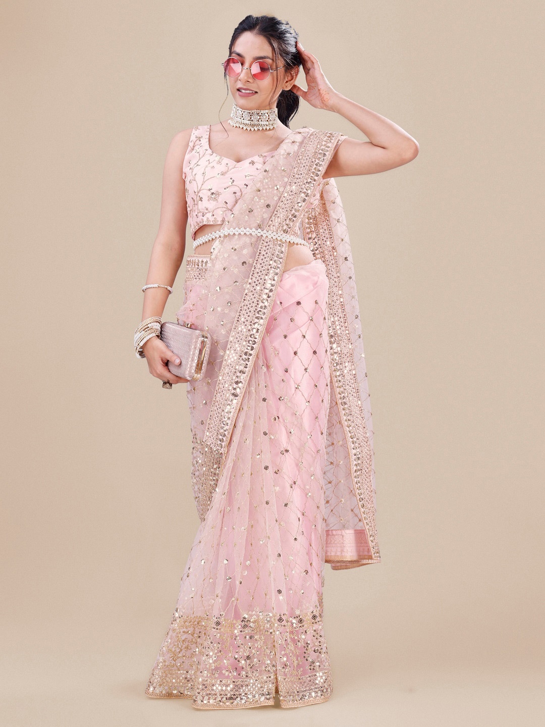 

Angroop Embellished Sequinned Net Saree, Pink
