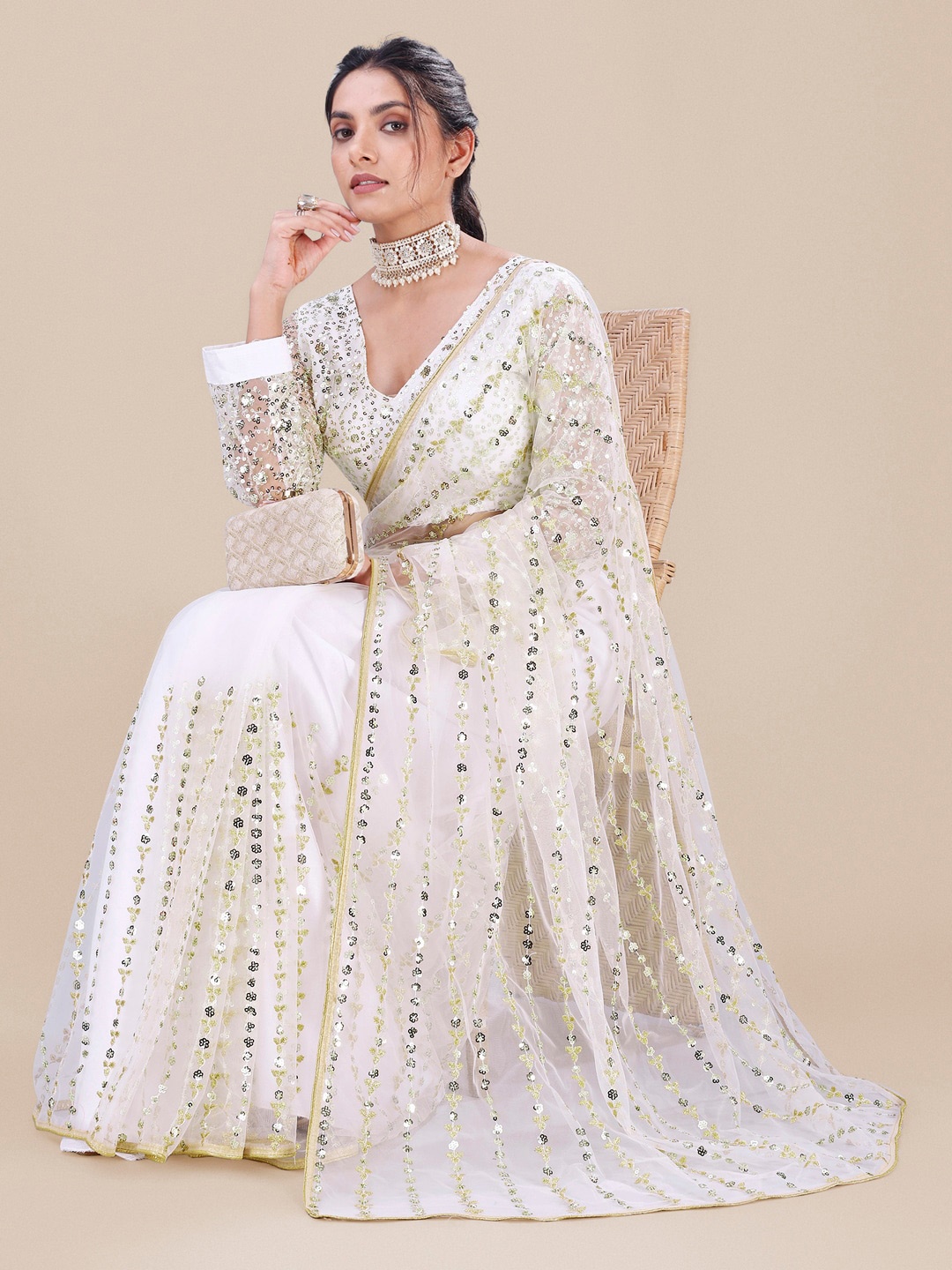 

Angroop Embellished Sequinned Net Saree, White