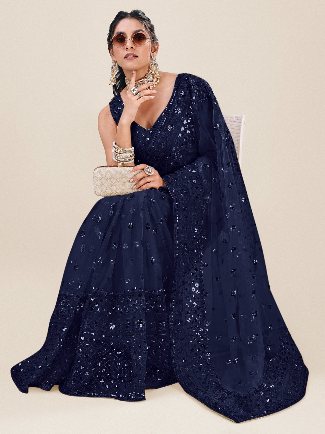 

Angroop Embellished Sequinned Net Saree, Navy blue