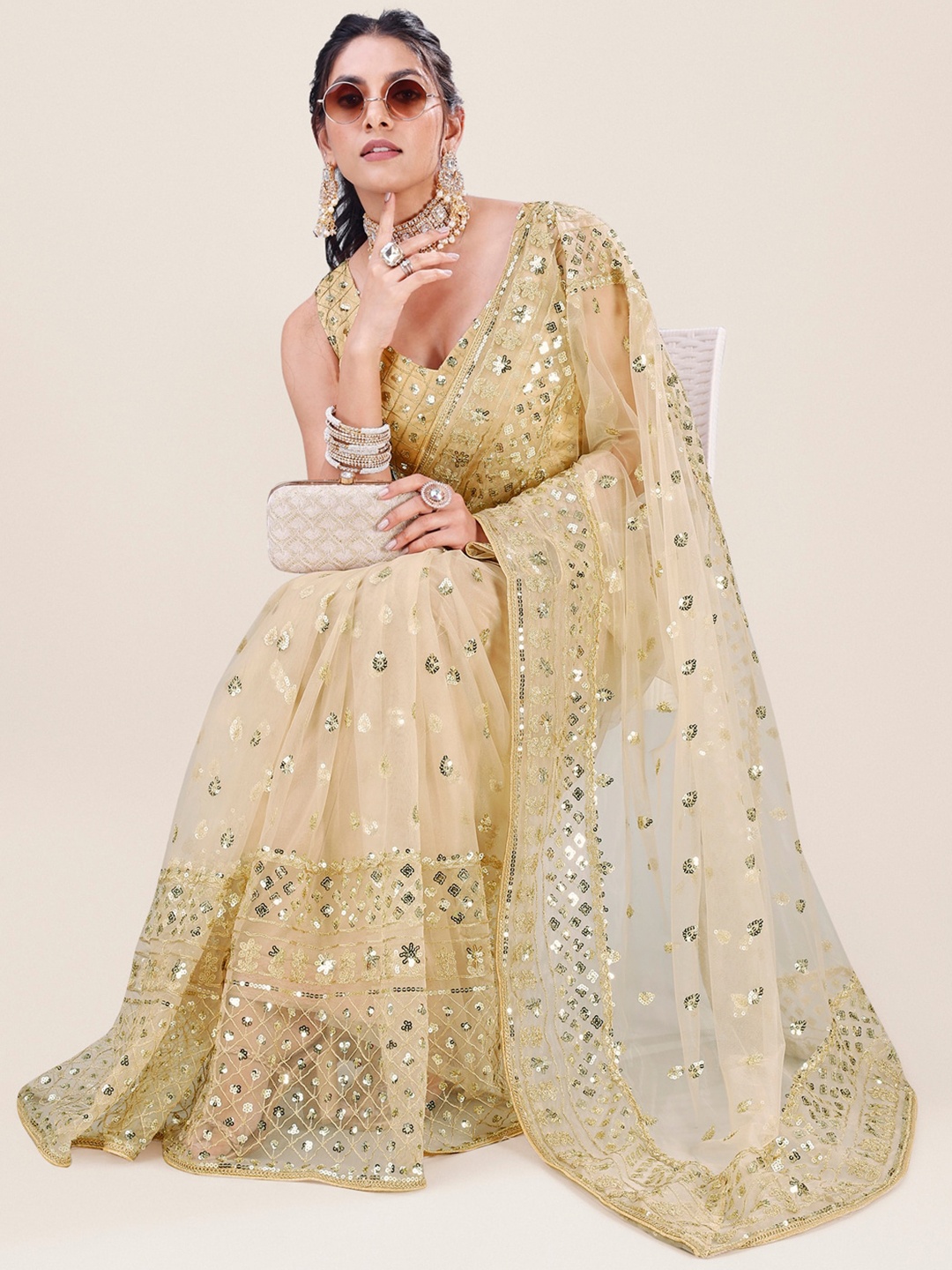 

Angroop Embellished Sequinned Net Saree, Gold