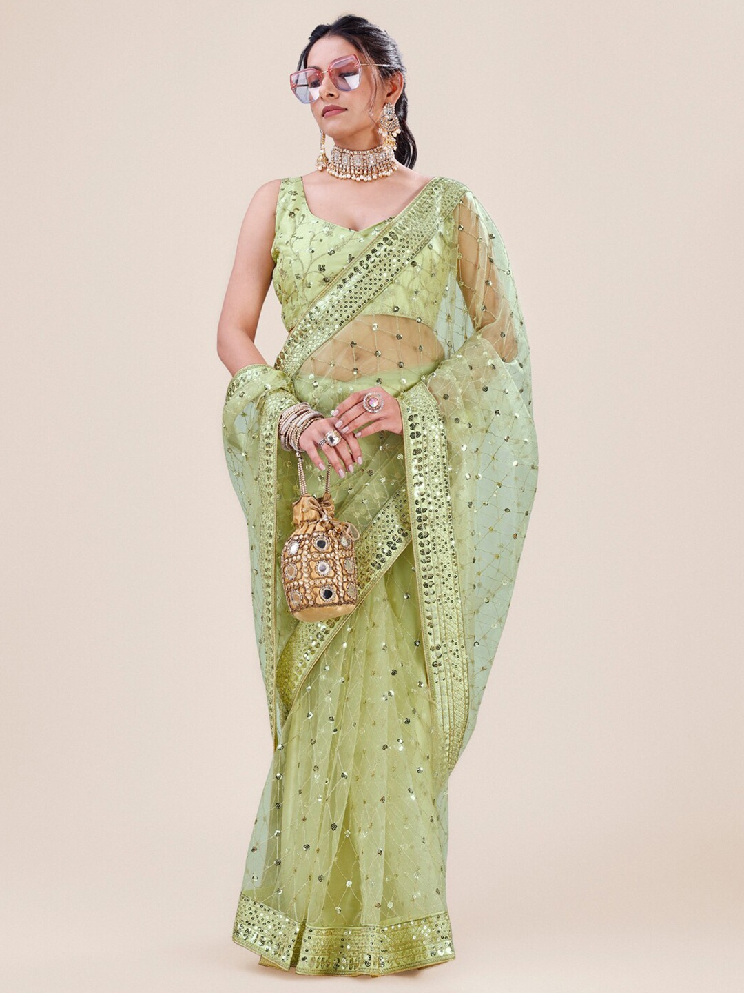 

Angroop Embellished Sequinned Net Saree, Green