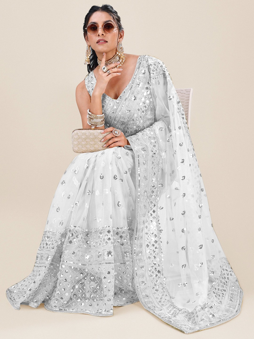 

Angroop Embellished Sequinned Net Saree, Silver