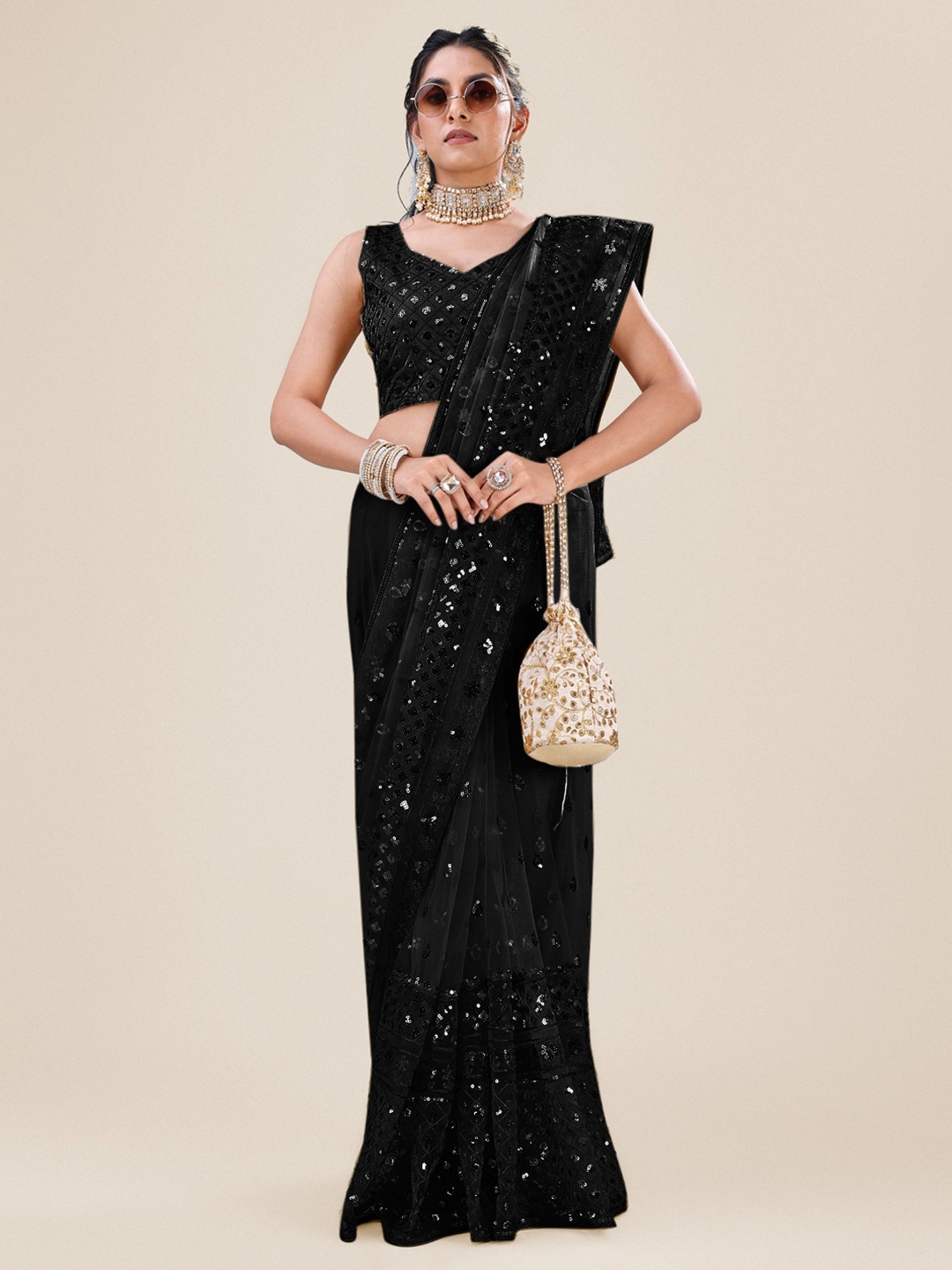 

Angroop Embellished Sequinned Net Saree, Black