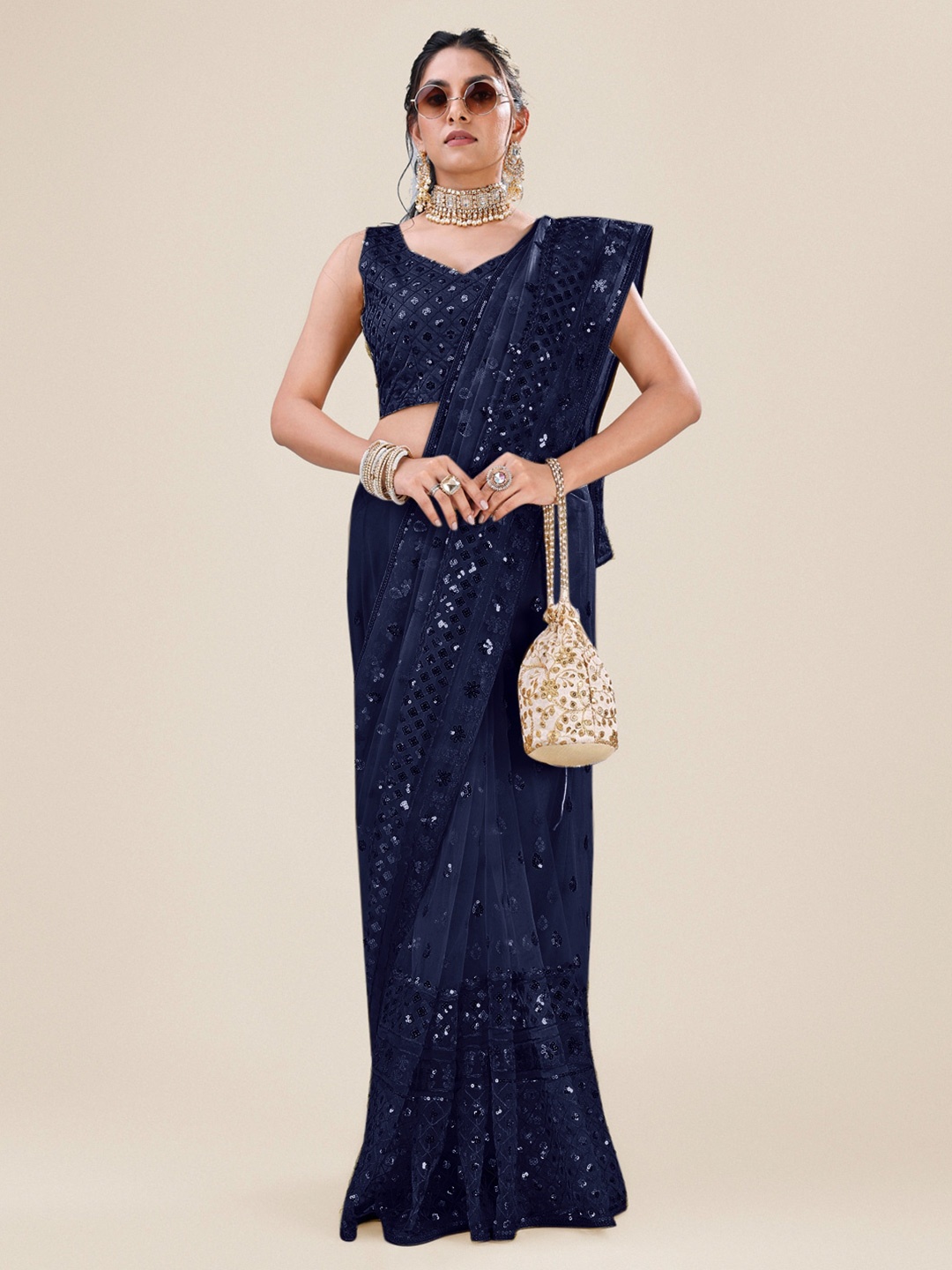 

Angroop Embellished Sequinned Net Saree, Navy blue