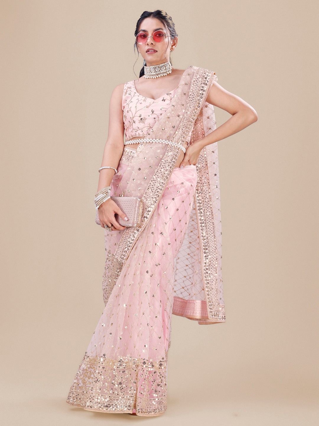 

Angroop Embellished Sequinned Net Saree, Pink