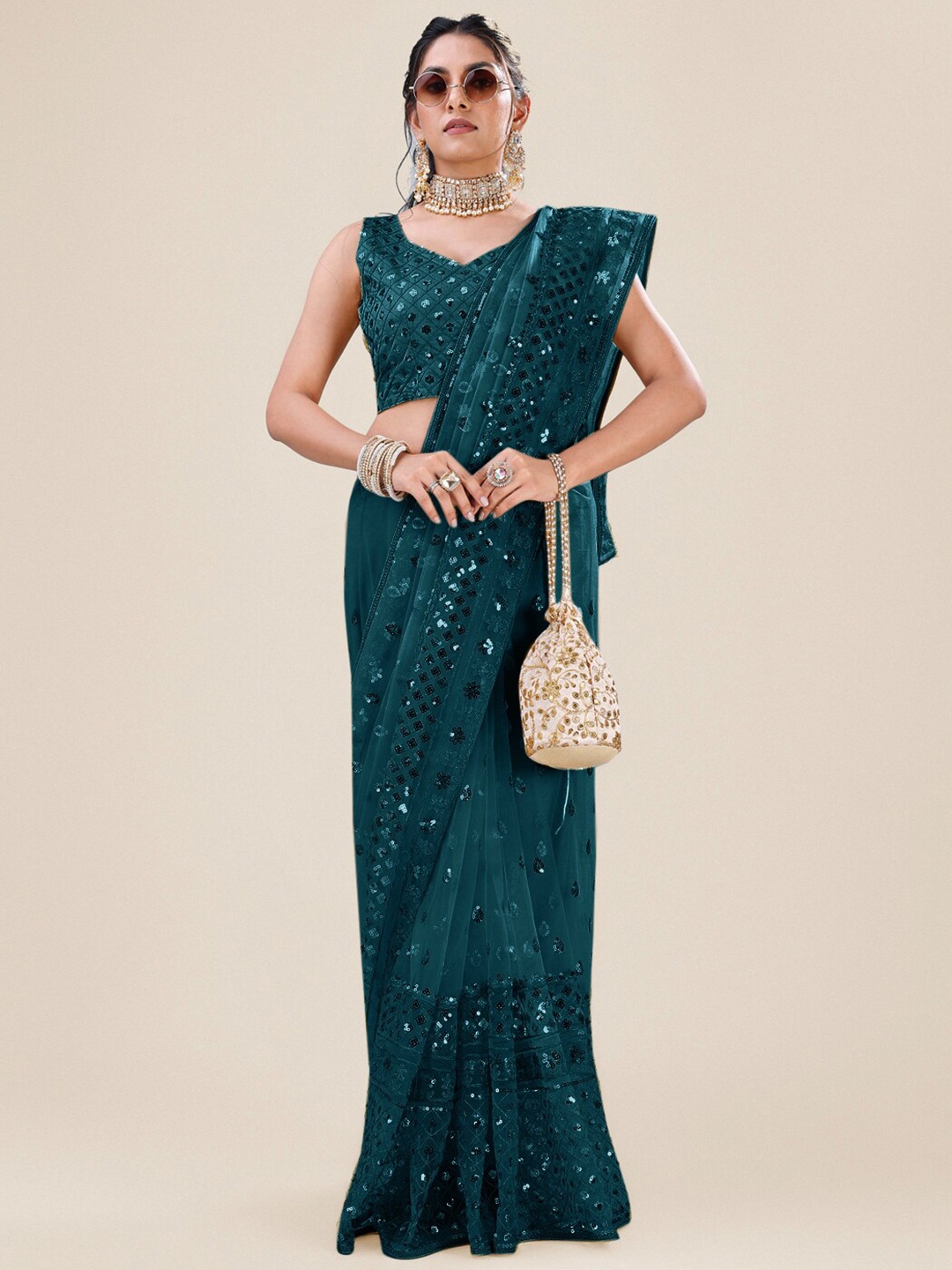 

Angroop Embellished Sequinned Net Saree, Teal