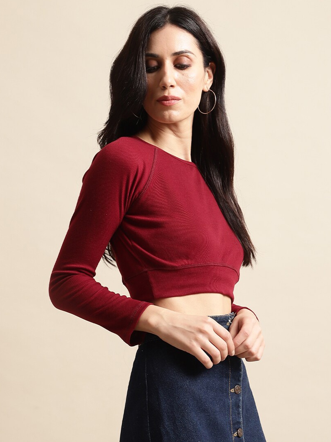 

UnaOne Ribbed Round Neck Crop Top, Maroon