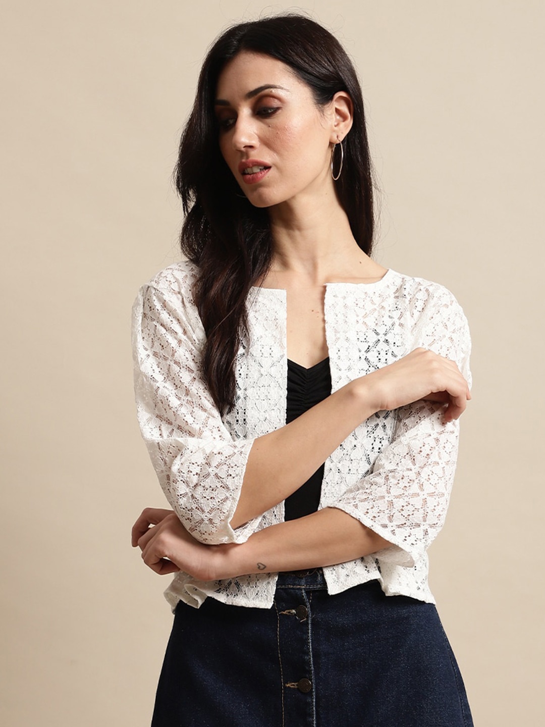 

UnaOne Self Design Open Front Shrug, Off white