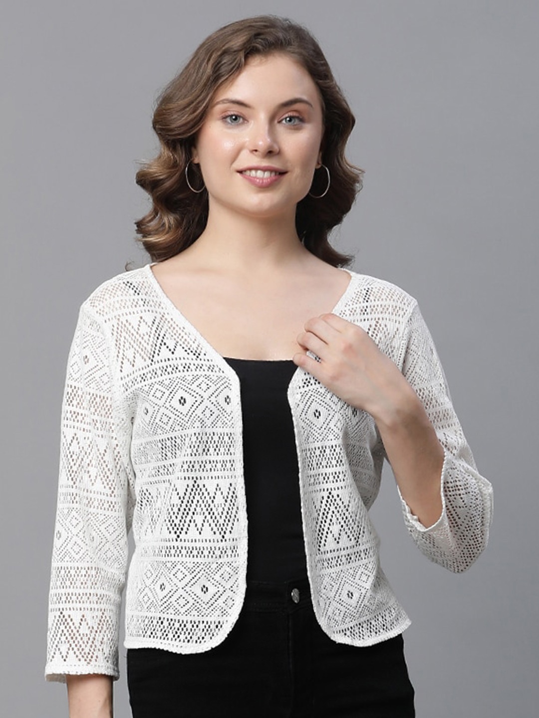 

UnaOne Self Design Open Front Shrug, Off white