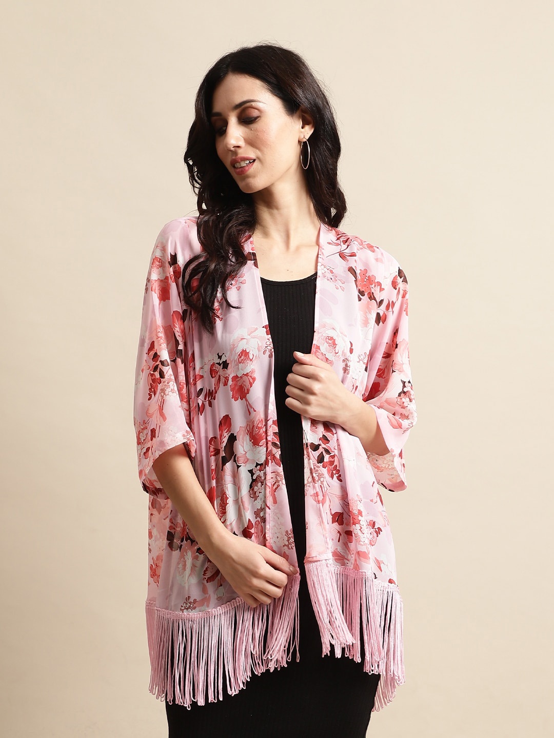 

UnaOne Floral Printed Longline Shrug, Pink