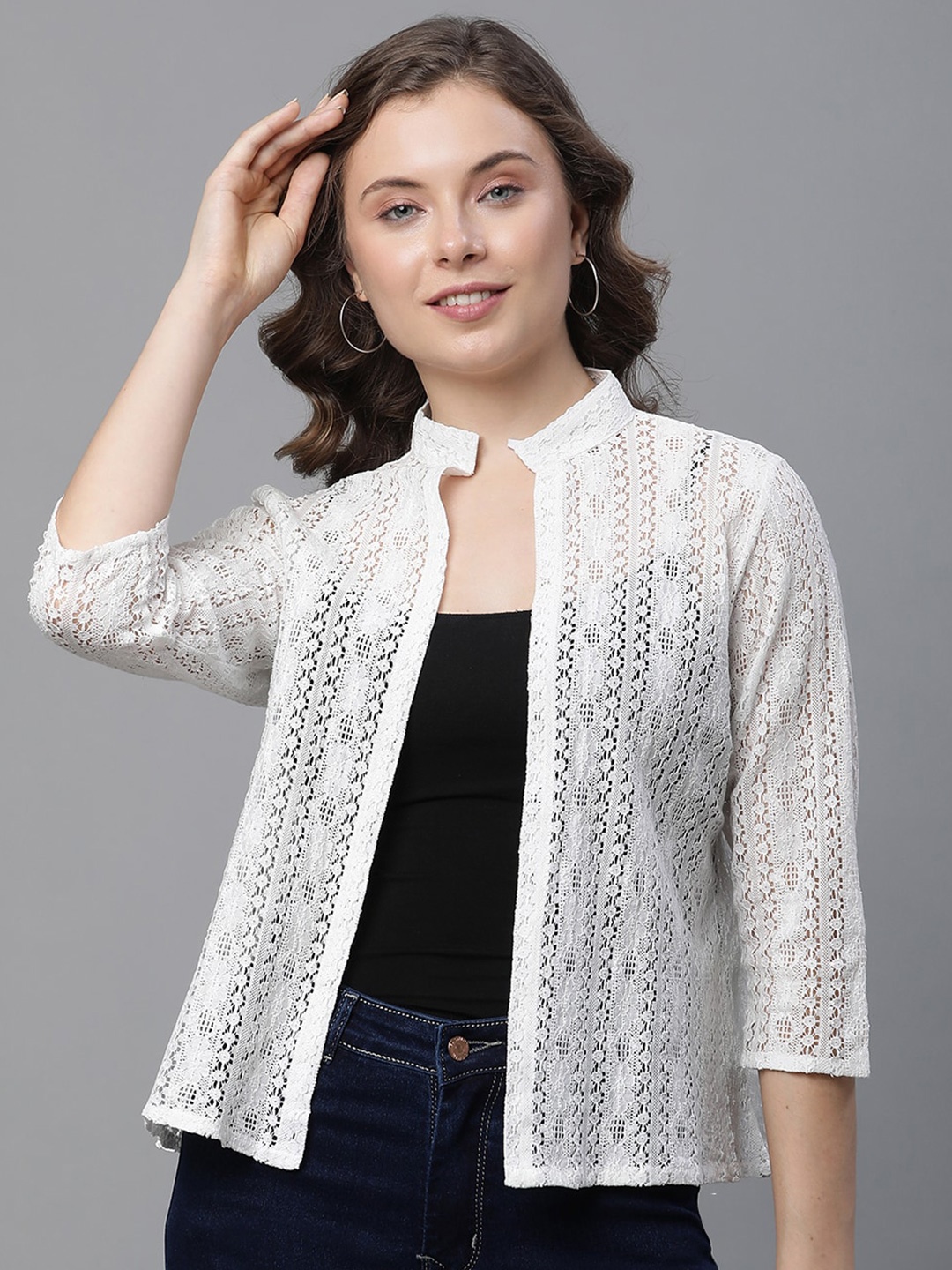 

UnaOne Self Design Pure Cotton Open Front Shrug, Off white