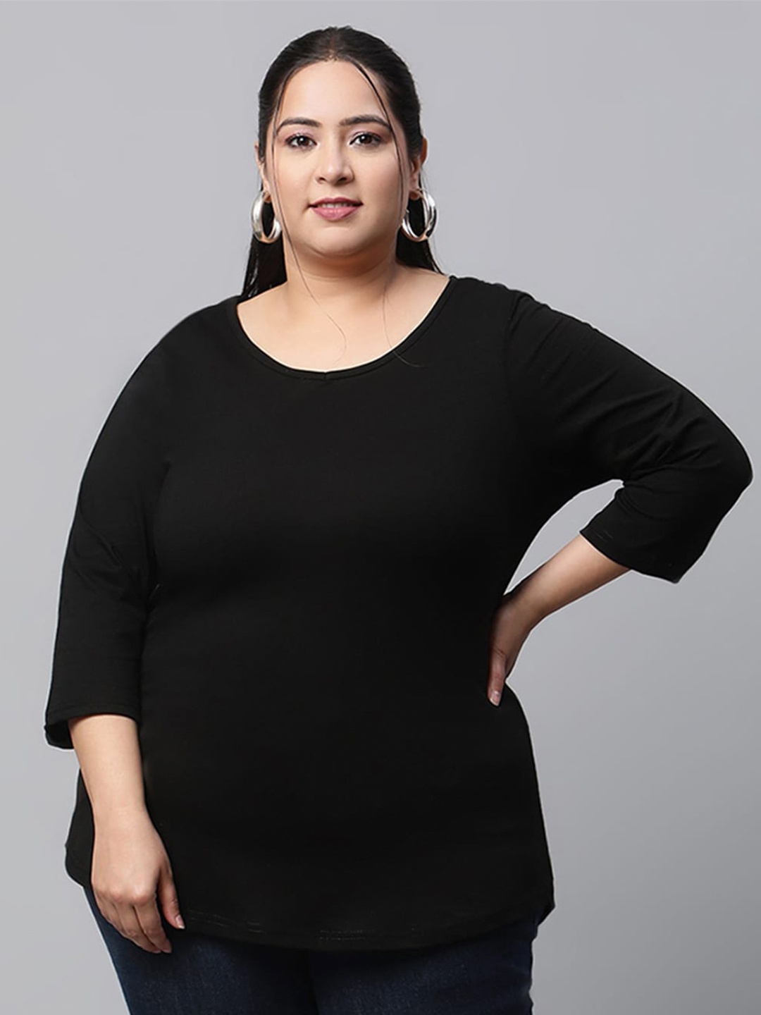 

UnaOne Plus Size Pure Cotton Slim Fit Longline T-shirt, Black