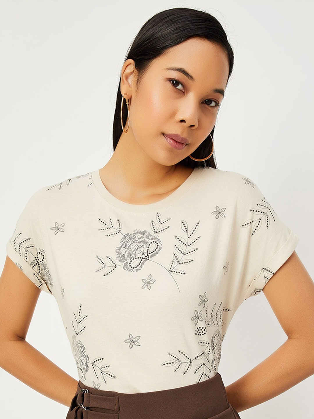 

max Floral Printed Extended Sleeves Pure Cotton T-shirt, Off white
