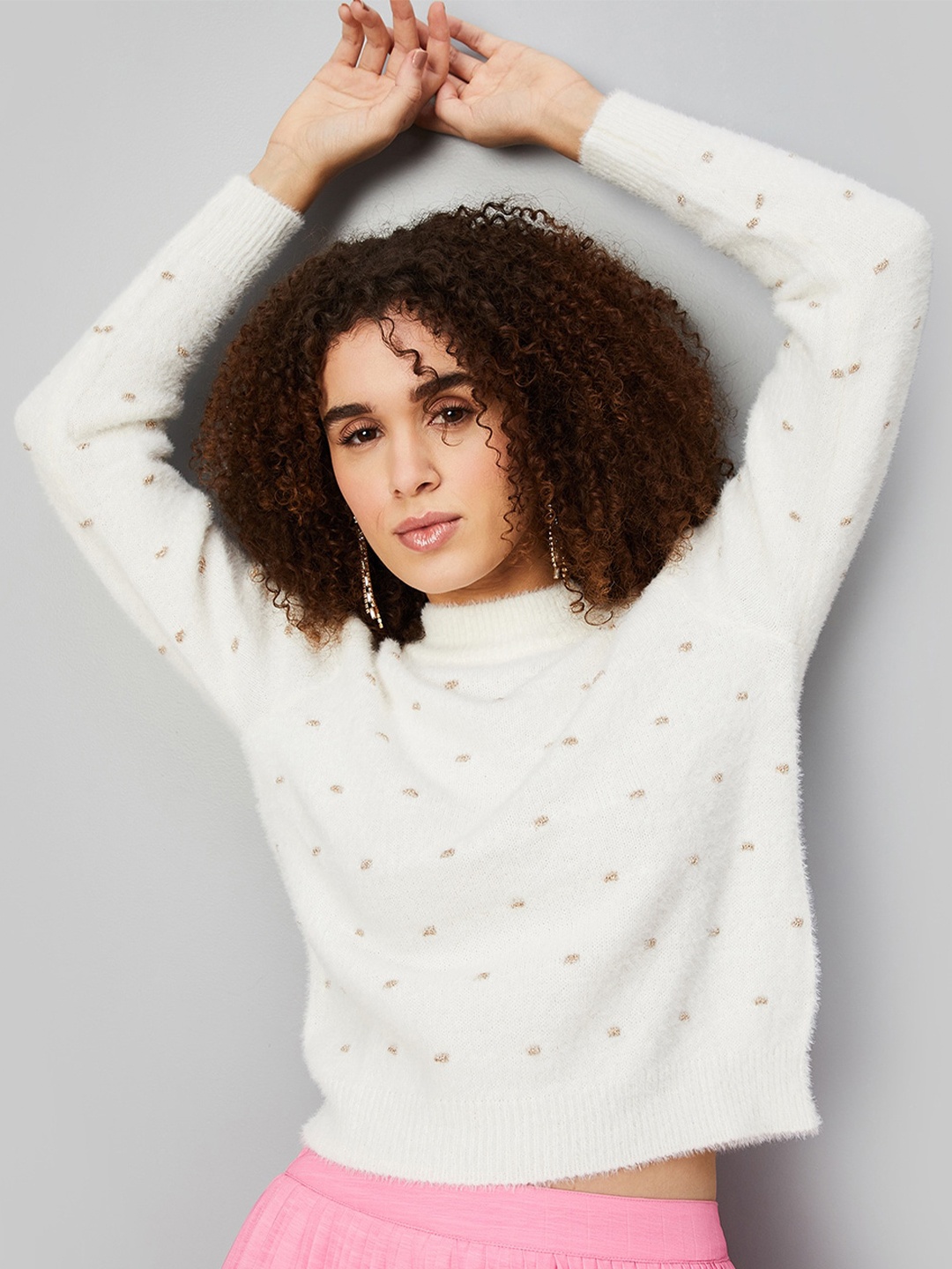 

max Embroidered Turtle Neck Pullover with Fuzzy Detail, White