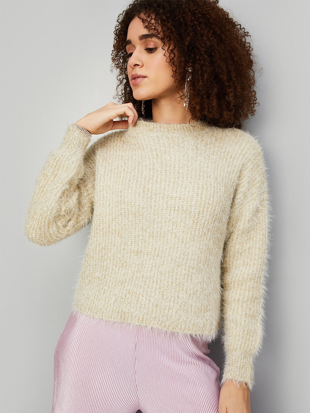 

max Long Sleeves Boucle Pullover, Beige
