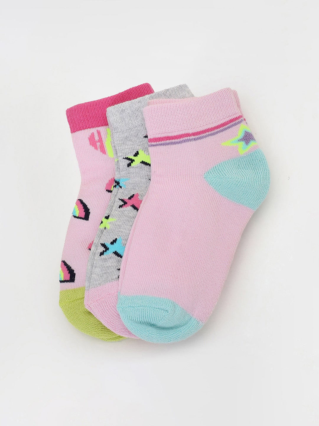 

max Girls Pack of 3 Ankle-Length Patterned Cotton Socks, Pink