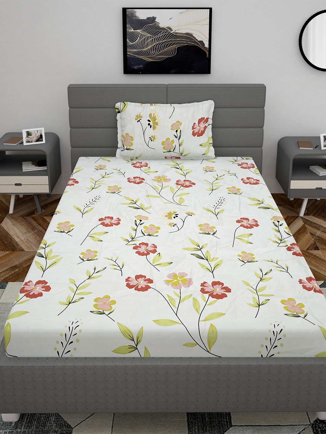 

Stylespace by Isha Off White & Green Floral 250 TC Fitted Single Bedsheet & 1 Pillow Cover