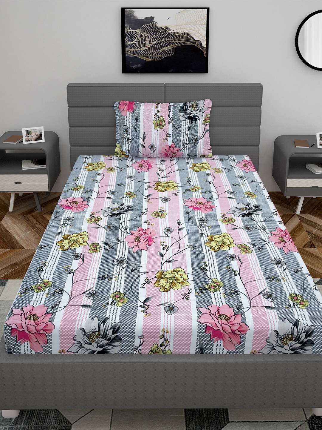 

Stylespace by Isha White & Pink Floral 250 TC Fitted Single Bedsheet & 1 Pillow Cover