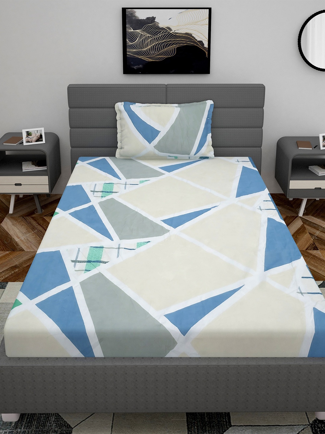 

Stylespace by Isha Beige & Blue Geometric 250 TC Fitted Single Bedsheet & 1 Pillow Cover