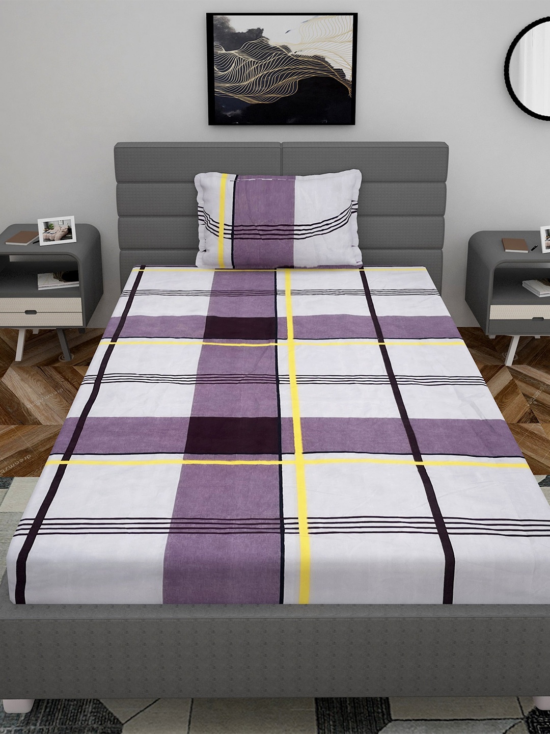 

Stylespace by Isha Purple & White Striped 250 TC Fitted Single Bedsheet & 1 Pillow Cover